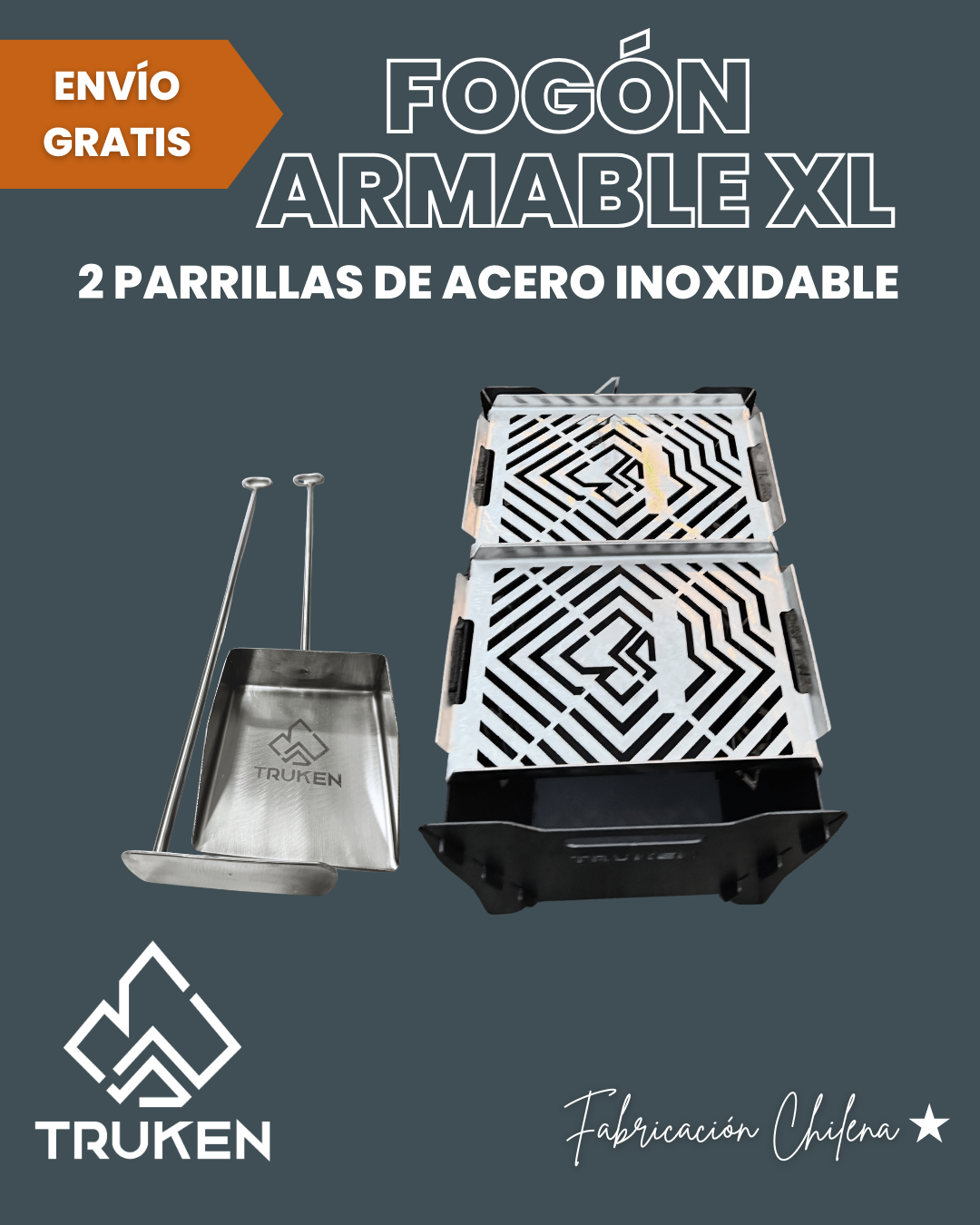 Kit Fogón Truken + 2 Parrillas Inoxidables + Set Atizador y Pala