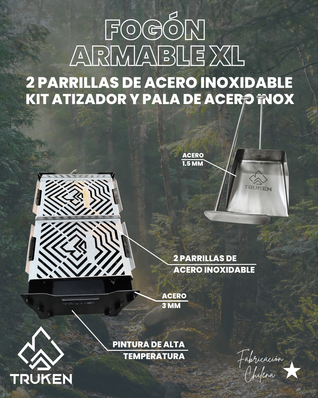 Kit Fogón Truken + 2 Parrillas Inoxidables + Set Atizador y Pala