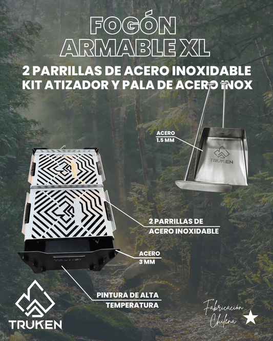 Kit Fogón Truken + 2 Parrillas Inoxidables + Set Atizador y Pala