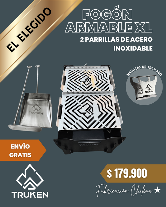 Kit Fogón Truken + 2 Parrillas Inoxidables + Set Atizador y Pala